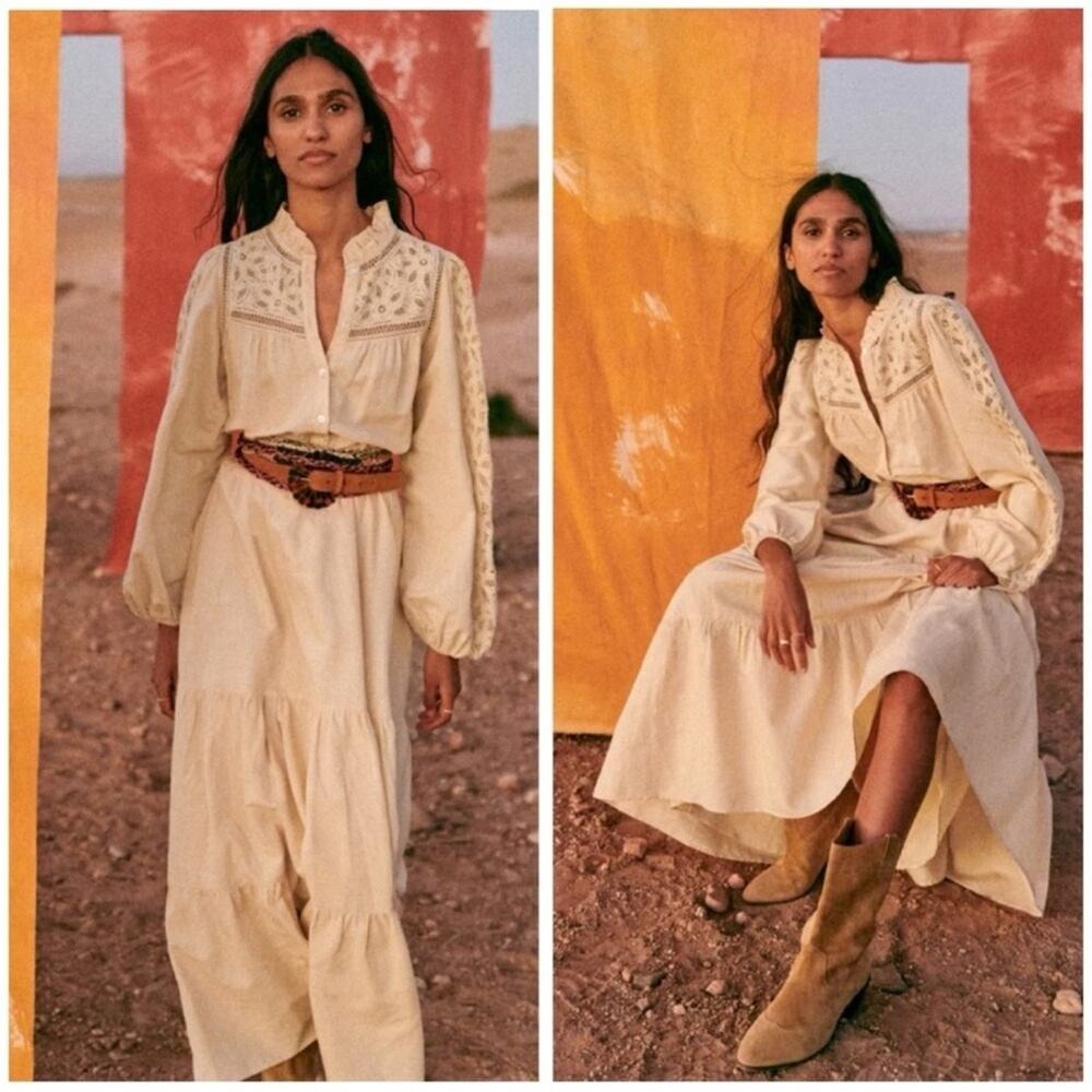 NWT Sezane Maxi Long-Sleeve Soraya Linen Blend Dress 36 US 4